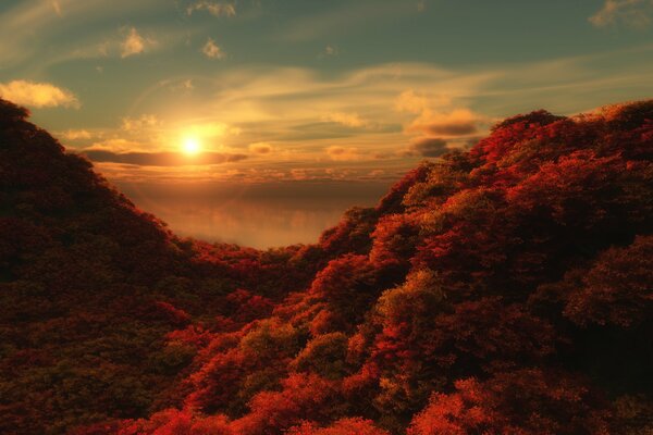 Herbst an den Hängen in den Bergen. Faszinierender Sonnenuntergang